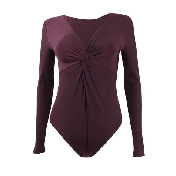 Bar III Twisted Front Thong Bodysuit size Medium in Black Currant. - NEW - Picture 2 of 12